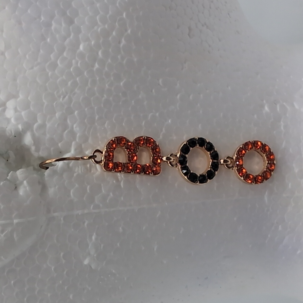 NWOT Gold Toned Orange &  Black Bejeweled "BOO" Metallic Drop Dangle Earrings